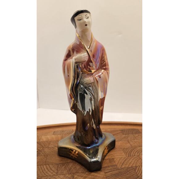 Japanese Lusterware Iridescent Pink and Black Geisha in Kimono Figurine Statue - Picture 1 of 10